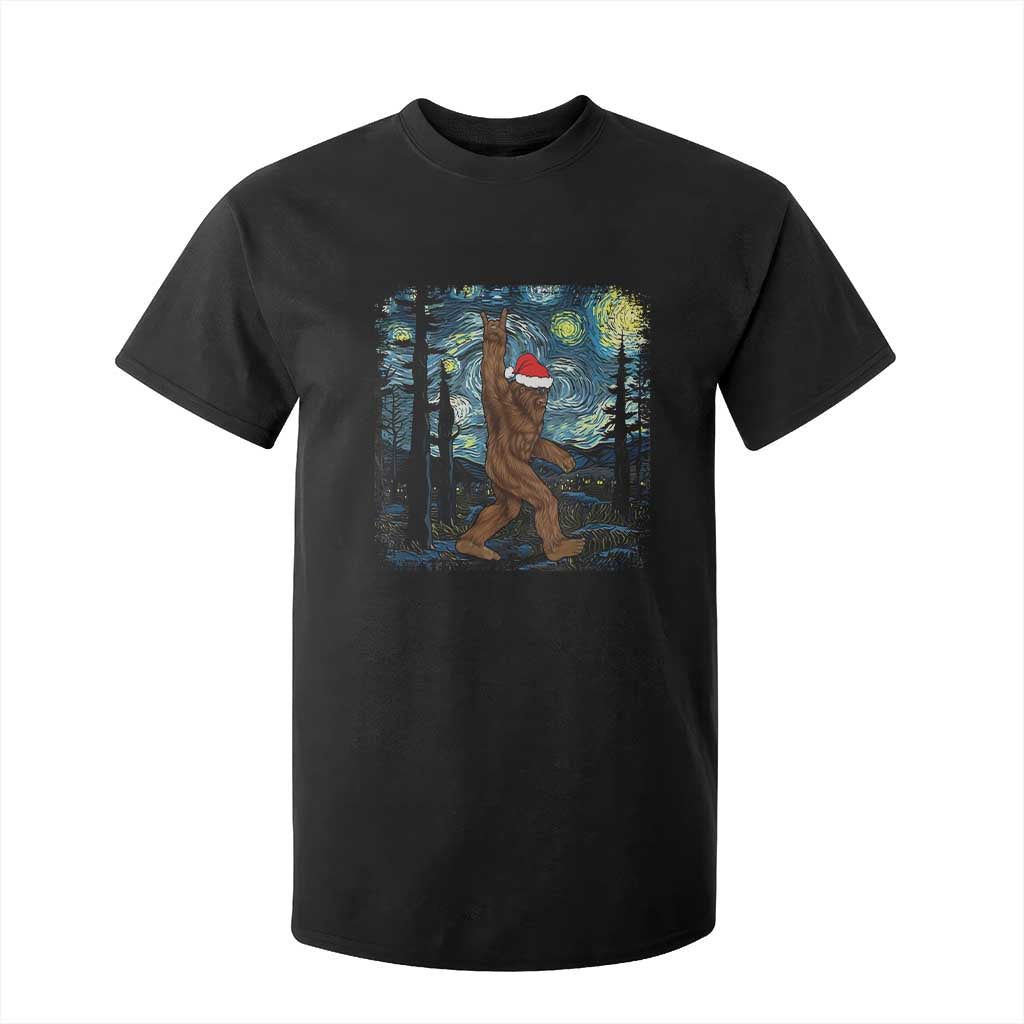 Christmas Bigfoot Starry Night T Shirt For Kid Sasquatch Santa Hat Sasquatch Van Gogh Sky Painting Art TS10 Black Print Your Wear
