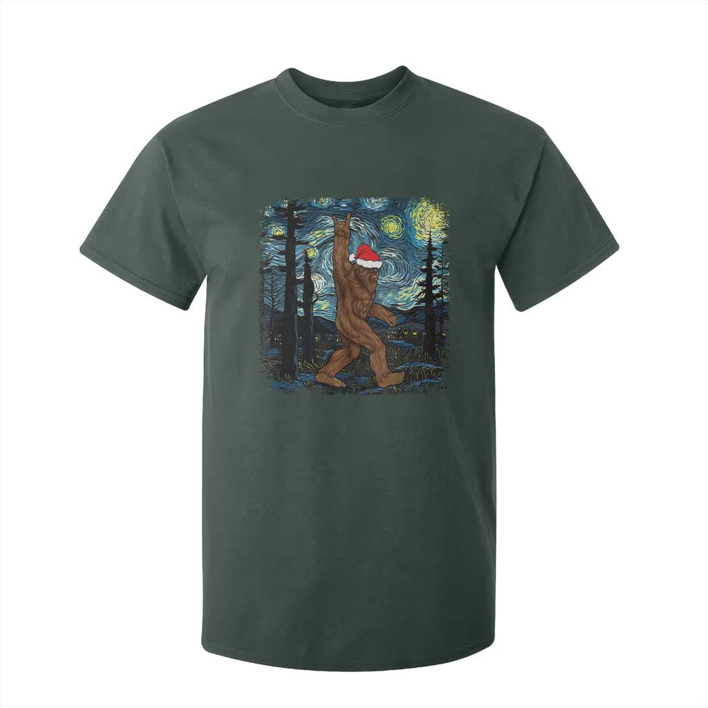 Christmas Bigfoot Starry Night T Shirt For Kid Sasquatch Santa Hat Sasquatch Van Gogh Sky Painting Art TS10 Dark Forest Green Print Your Wear