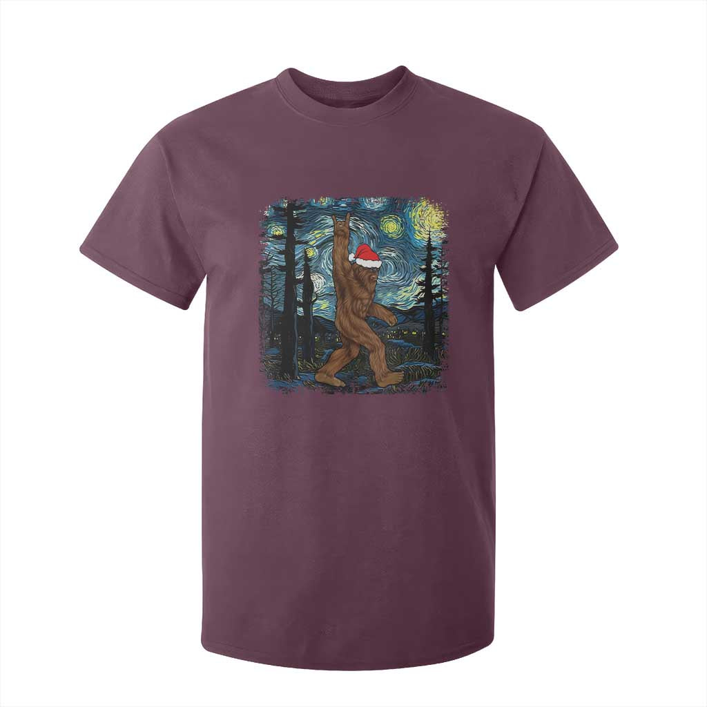 Christmas Bigfoot Starry Night T Shirt For Kid Sasquatch Santa Hat Sasquatch Van Gogh Sky Painting Art TS10 Maroon Print Your Wear