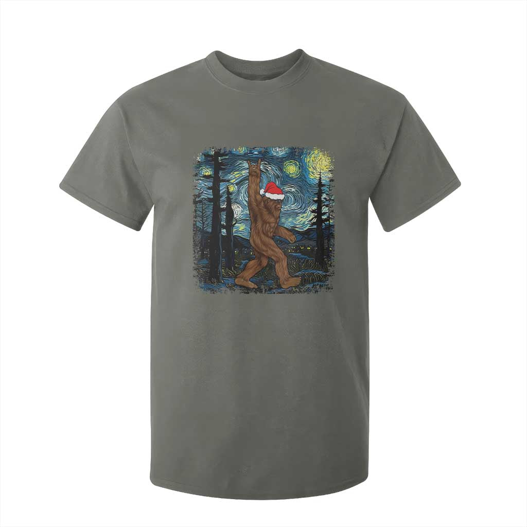 Christmas Bigfoot Starry Night T Shirt For Kid Sasquatch Santa Hat Sasquatch Van Gogh Sky Painting Art TS10 Military Green Print Your Wear