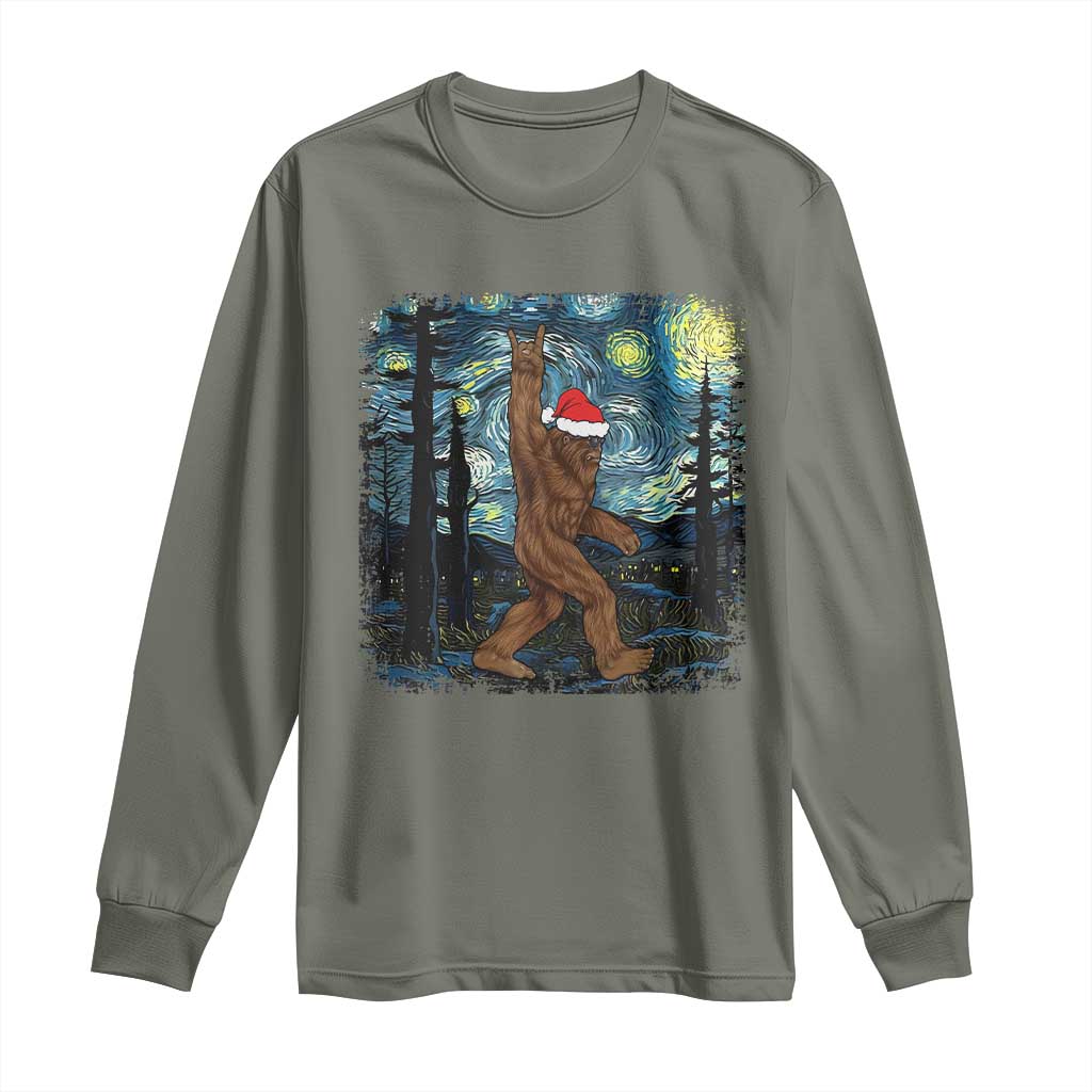 Christmas Bigfoot Starry Night Long Sleeve Shirt Sasquatch Santa Hat Sasquatch Van Gogh Sky Painting Art TS10 Military Green Print Your Wear