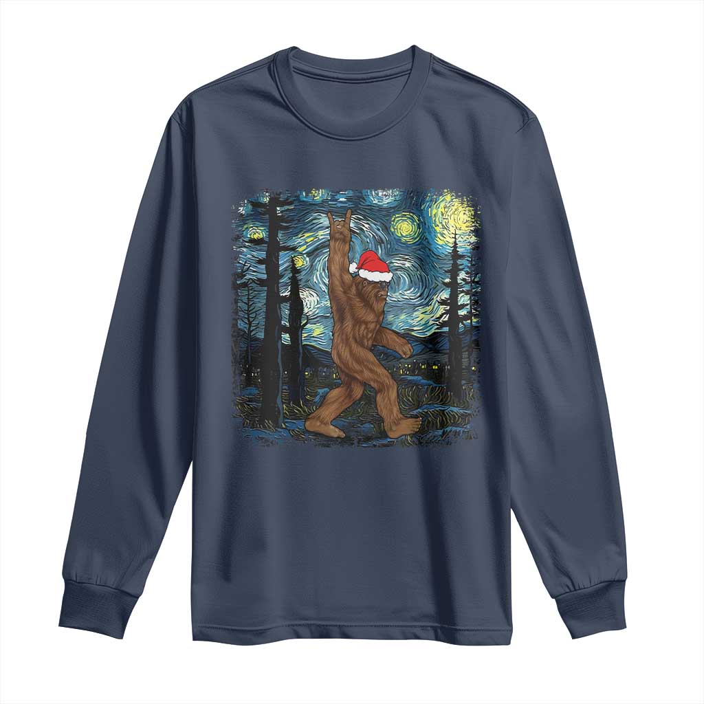 Christmas Bigfoot Starry Night Long Sleeve Shirt Sasquatch Santa Hat Sasquatch Van Gogh Sky Painting Art TS10 Navy Print Your Wear