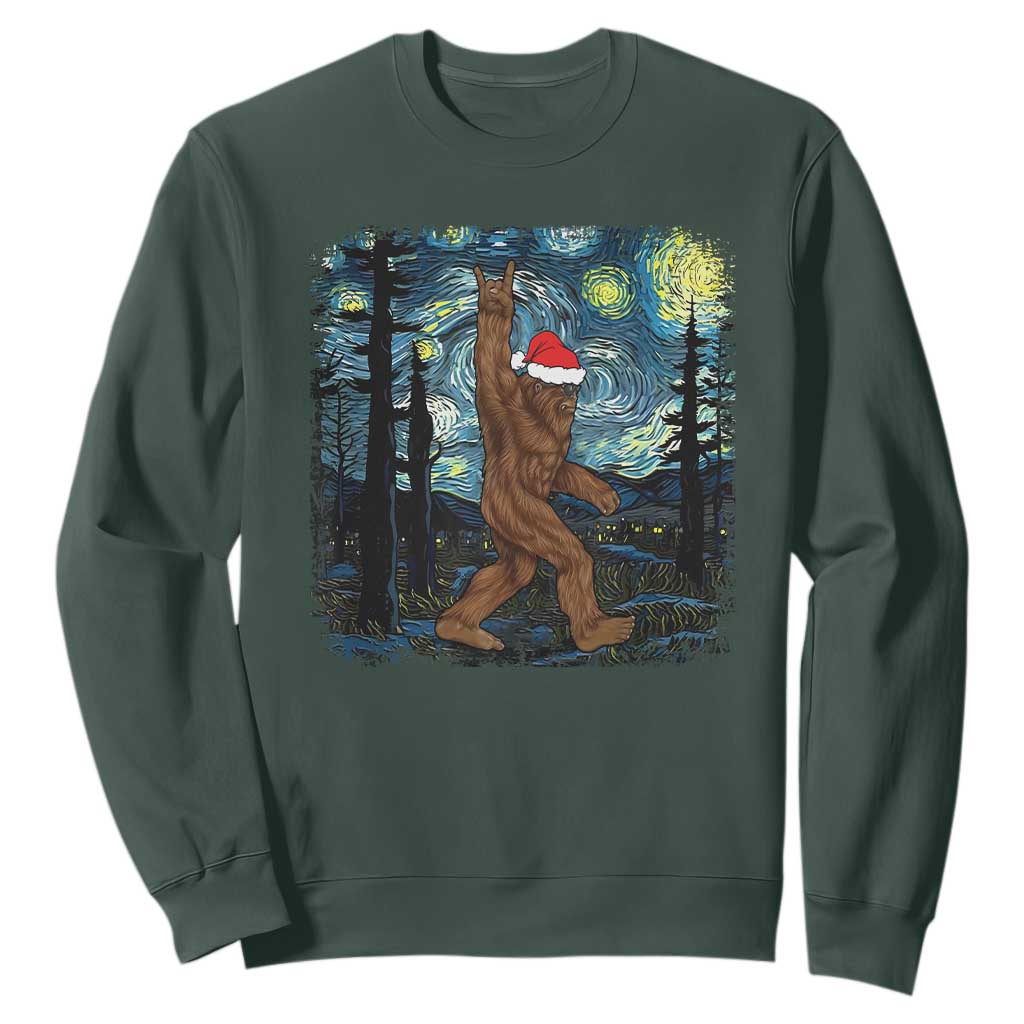 Christmas Bigfoot Starry Night Sweatshirt Sasquatch Santa Hat Sasquatch Van Gogh Sky Painting Art TS10 Dark Forest Green Print Your Wear