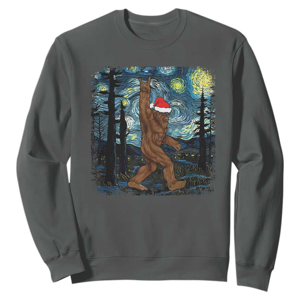 Christmas Bigfoot Starry Night Sweatshirt Sasquatch Santa Hat Sasquatch Van Gogh Sky Painting Art TS10 Dark Heather Print Your Wear