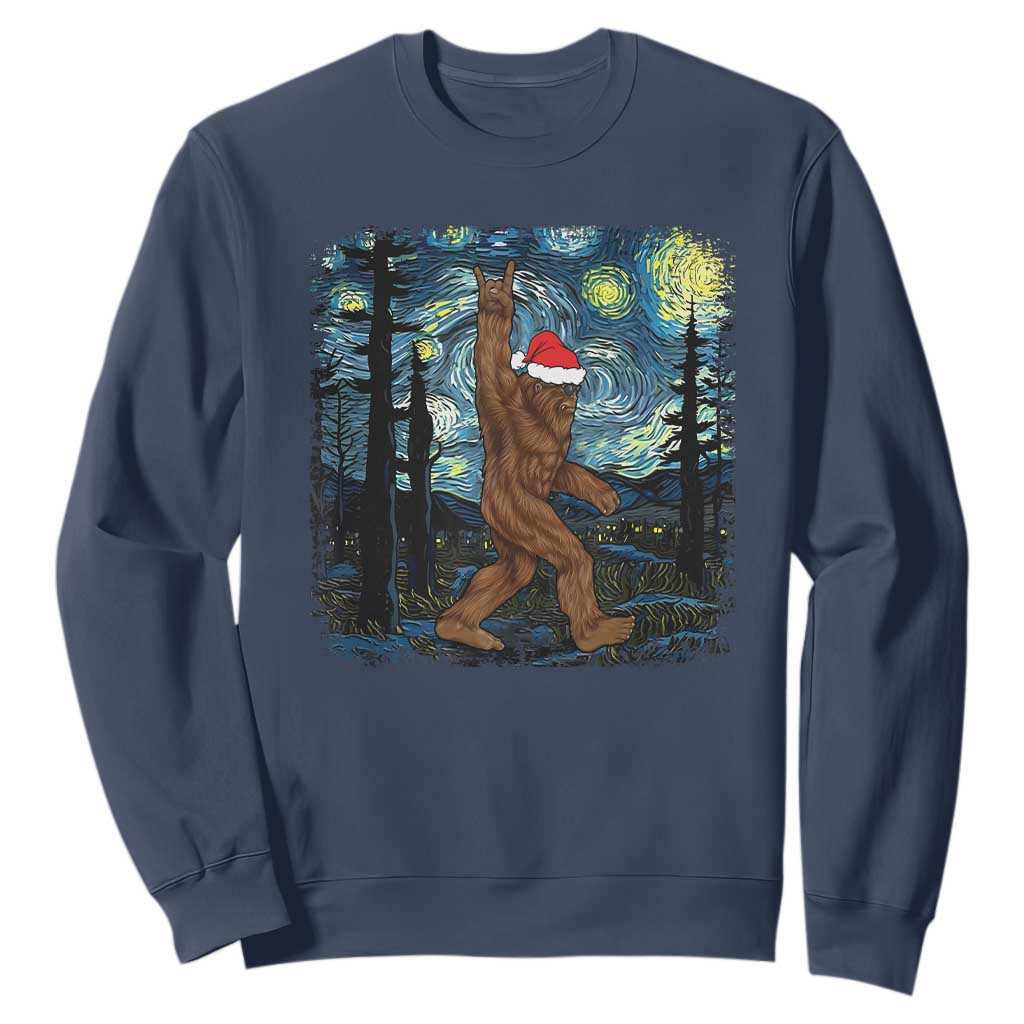 Christmas Bigfoot Starry Night Sweatshirt Sasquatch Santa Hat Sasquatch Van Gogh Sky Painting Art TS10 Navy Print Your Wear