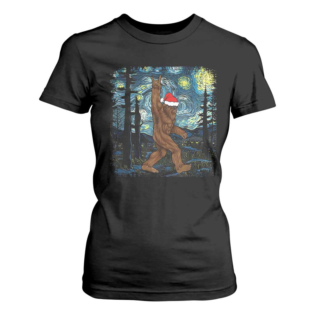 Christmas Bigfoot Starry Night T Shirt For Women Sasquatch Santa Hat Sasquatch Van Gogh Sky Painting Art TS10 Black Print Your Wear