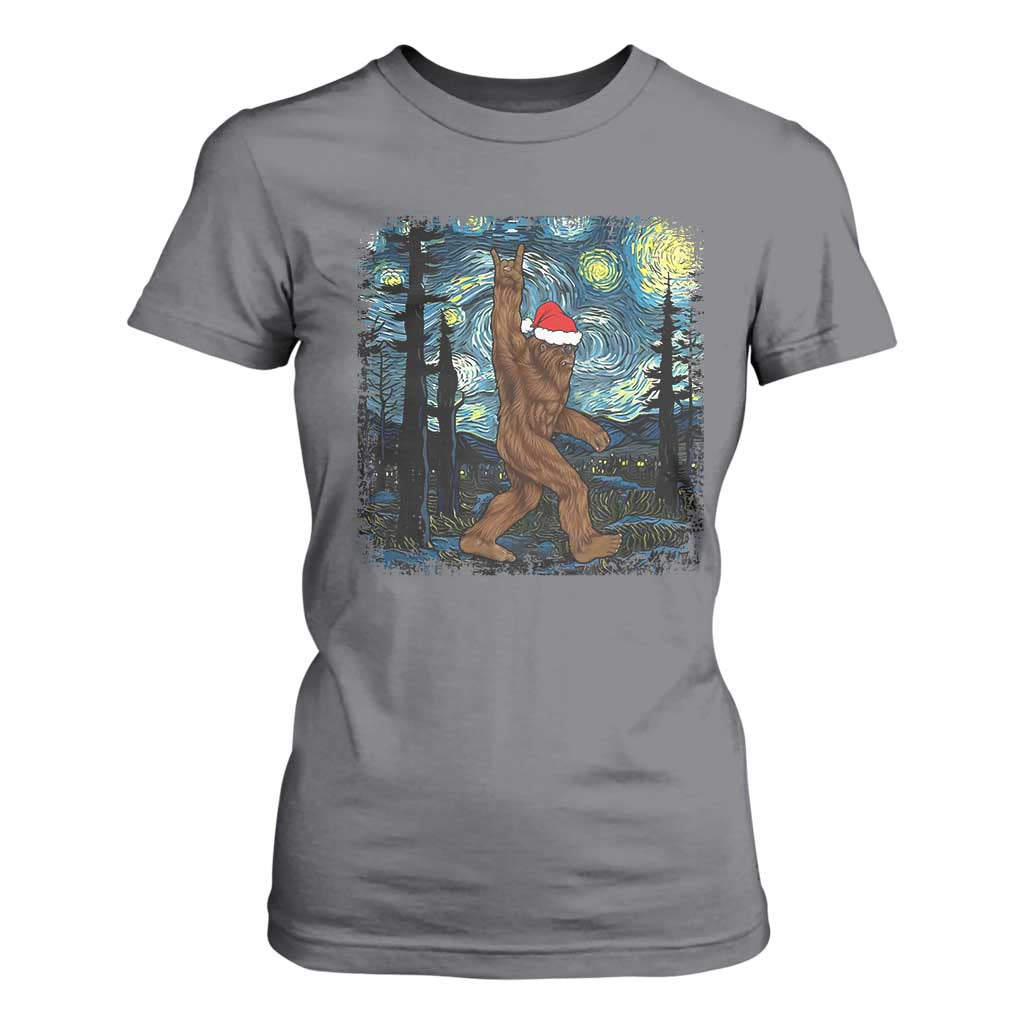 Christmas Bigfoot Starry Night T Shirt For Women Sasquatch Santa Hat Sasquatch Van Gogh Sky Painting Art TS10 Charcoal Print Your Wear