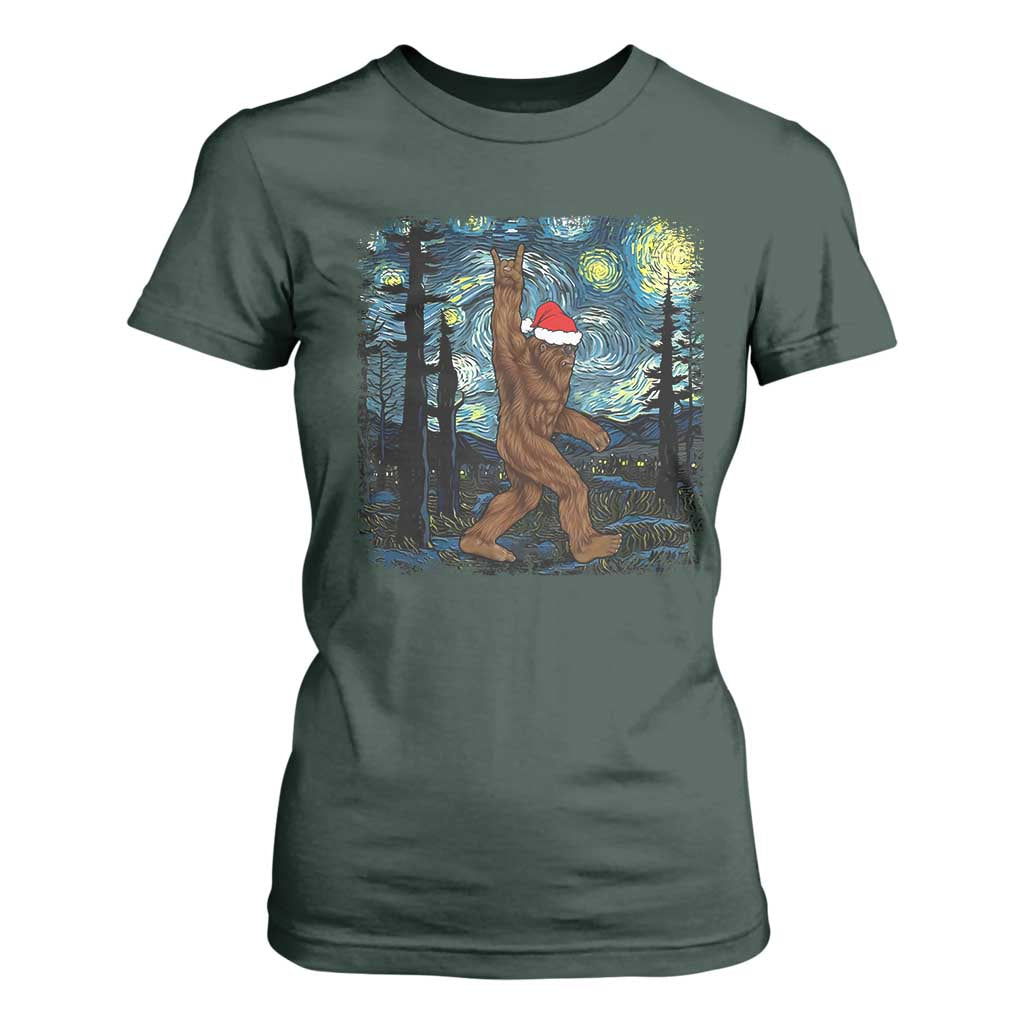 Christmas Bigfoot Starry Night T Shirt For Women Sasquatch Santa Hat Sasquatch Van Gogh Sky Painting Art TS10 Dark Forest Green Print Your Wear