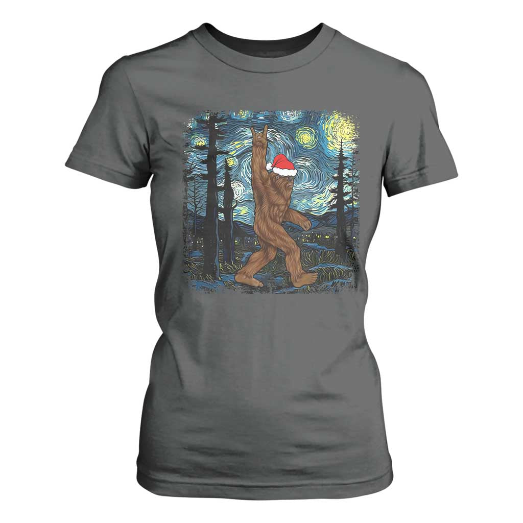 Christmas Bigfoot Starry Night T Shirt For Women Sasquatch Santa Hat Sasquatch Van Gogh Sky Painting Art TS10 Dark Heather Print Your Wear