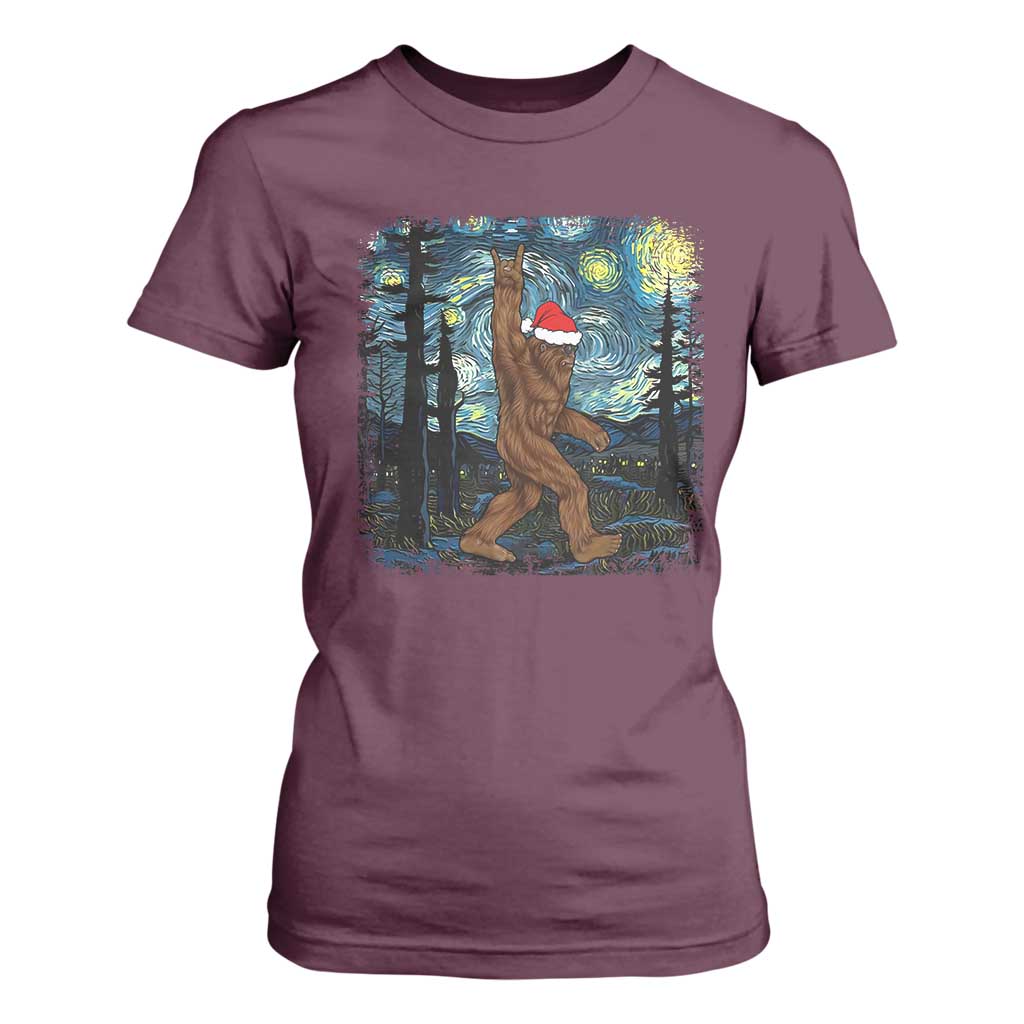Christmas Bigfoot Starry Night T Shirt For Women Sasquatch Santa Hat Sasquatch Van Gogh Sky Painting Art TS10 Maroon Print Your Wear