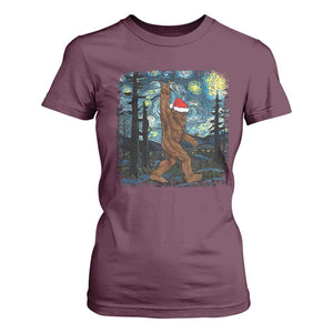 Christmas Bigfoot Starry Night T Shirt For Women Sasquatch Santa Hat Sasquatch Van Gogh Sky Painting Art TS10 Maroon Print Your Wear