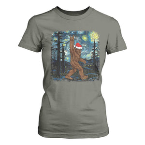 Christmas Bigfoot Starry Night T Shirt For Women Sasquatch Santa Hat Sasquatch Van Gogh Sky Painting Art TS10 Military Green Print Your Wear