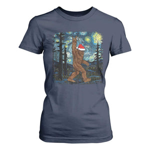 Christmas Bigfoot Starry Night T Shirt For Women Sasquatch Santa Hat Sasquatch Van Gogh Sky Painting Art TS10 Navy Print Your Wear