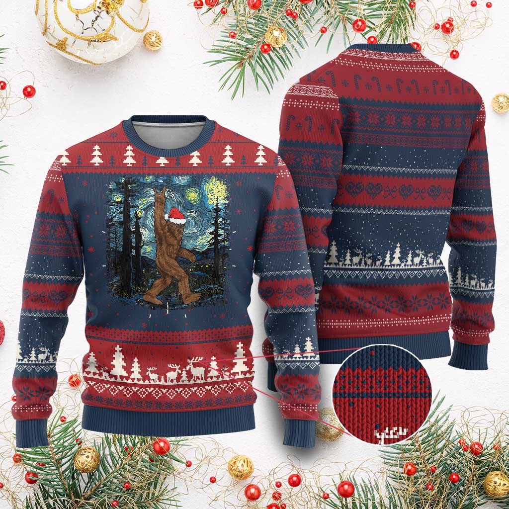 Bigfoot Starry Night Ugly Christmas Sweater Sasquatch Santa Hat Sasquatch Van Gogh Sky Painting Art Xmas Gift TS10 Burgundy Print Your Wear