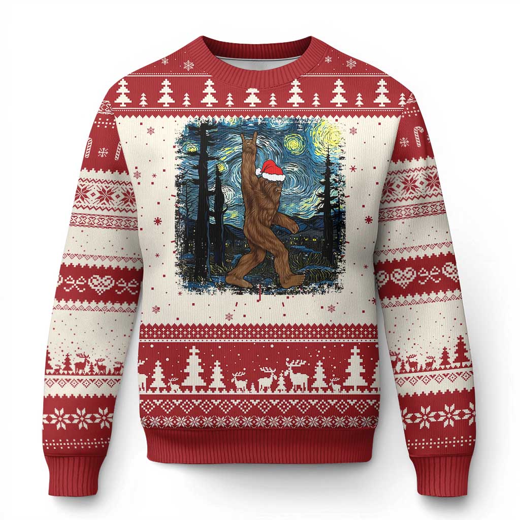 Bigfoot Starry Night Ugly Christmas Sweater Sasquatch Santa Hat Sasquatch Van Gogh Sky Painting Art Xmas Gift TS10 Red Print Your Wear