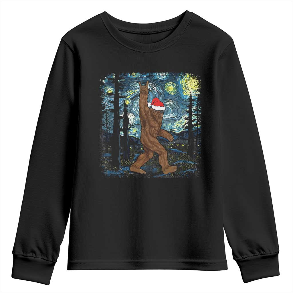 Christmas Bigfoot Starry Night Youth Sweatshirt Sasquatch Santa Hat Sasquatch Van Gogh Sky Painting Art TS10 Black Print Your Wear