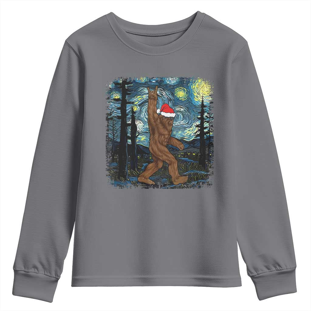 Christmas Bigfoot Starry Night Youth Sweatshirt Sasquatch Santa Hat Sasquatch Van Gogh Sky Painting Art TS10 Charcoal Print Your Wear
