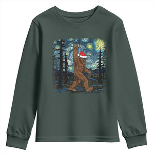 Christmas Bigfoot Starry Night Youth Sweatshirt Sasquatch Santa Hat Sasquatch Van Gogh Sky Painting Art TS10 Dark Forest Green Print Your Wear