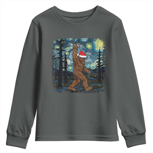 Christmas Bigfoot Starry Night Youth Sweatshirt Sasquatch Santa Hat Sasquatch Van Gogh Sky Painting Art TS10 Dark Heather Print Your Wear