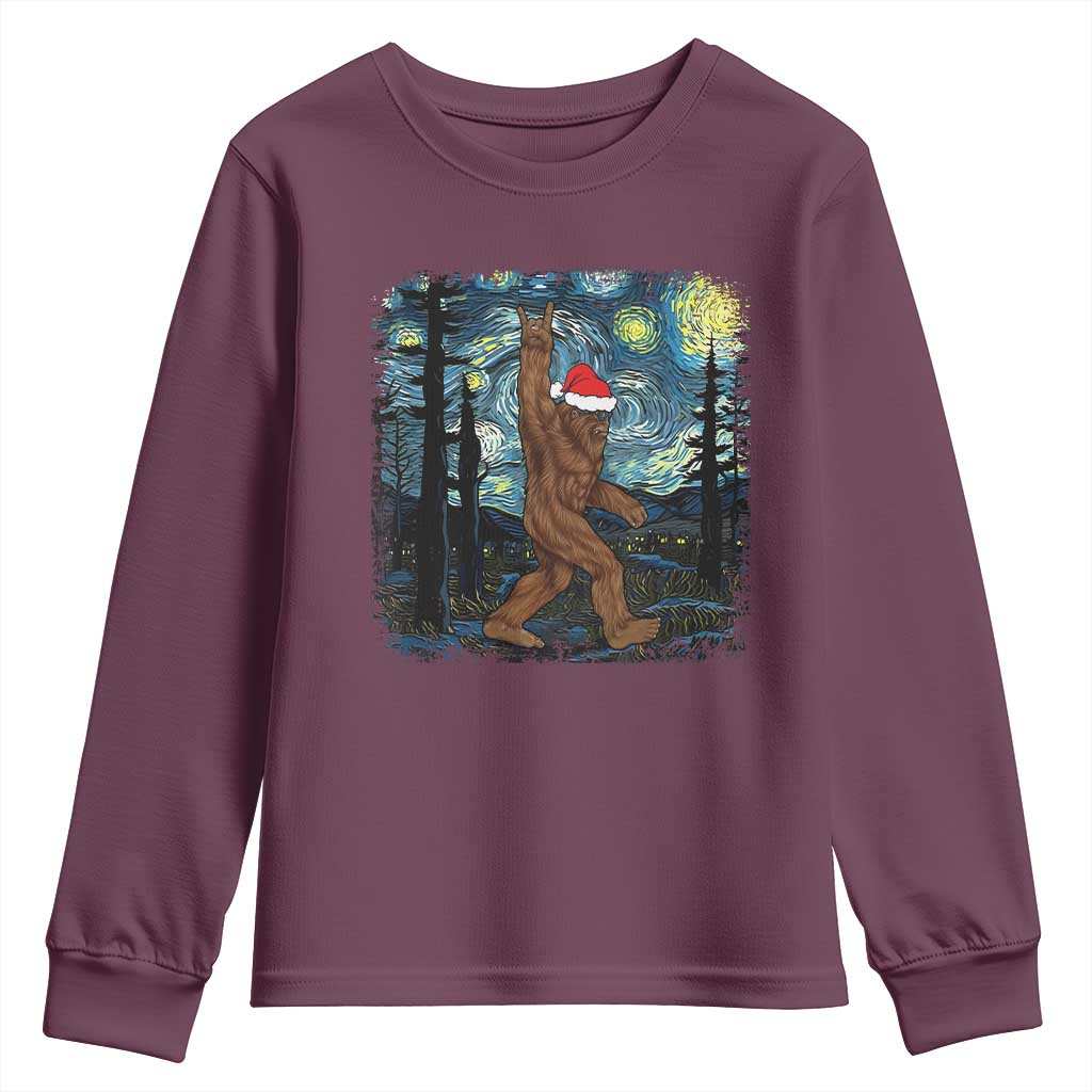 Christmas Bigfoot Starry Night Youth Sweatshirt Sasquatch Santa Hat Sasquatch Van Gogh Sky Painting Art TS10 Maroon Print Your Wear