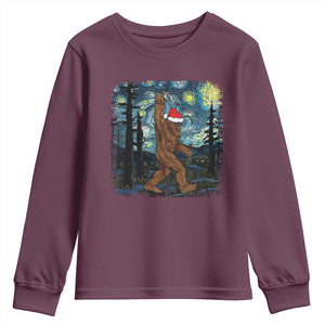 Christmas Bigfoot Starry Night Youth Sweatshirt Sasquatch Santa Hat Sasquatch Van Gogh Sky Painting Art TS10 Maroon Print Your Wear