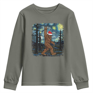 Christmas Bigfoot Starry Night Youth Sweatshirt Sasquatch Santa Hat Sasquatch Van Gogh Sky Painting Art TS10 Military Green Print Your Wear
