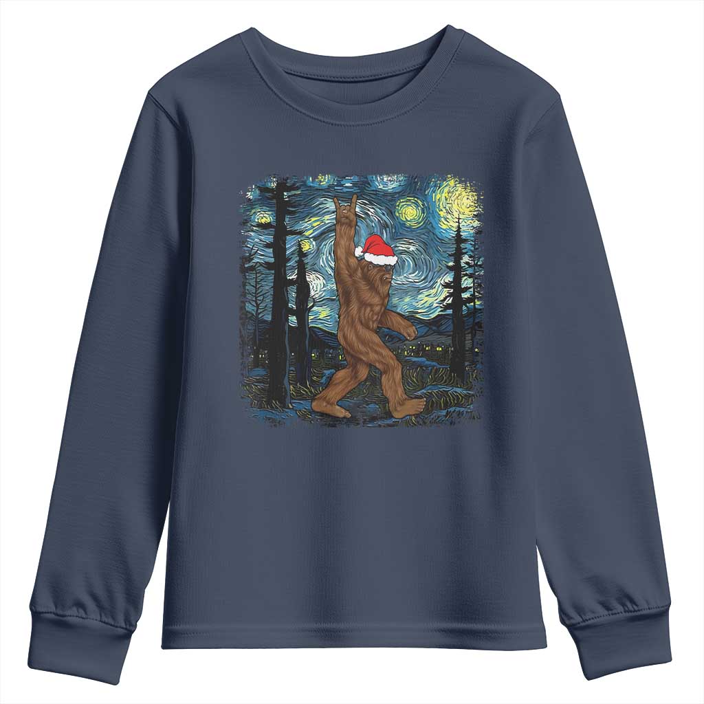Christmas Bigfoot Starry Night Youth Sweatshirt Sasquatch Santa Hat Sasquatch Van Gogh Sky Painting Art TS10 Navy Print Your Wear