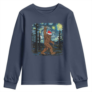 Christmas Bigfoot Starry Night Youth Sweatshirt Sasquatch Santa Hat Sasquatch Van Gogh Sky Painting Art TS10 Navy Print Your Wear