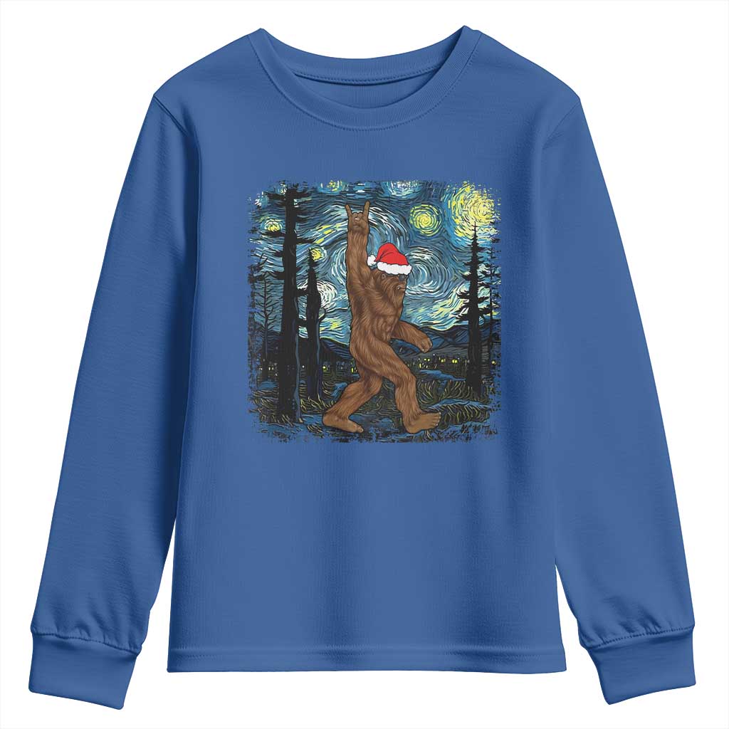 Christmas Bigfoot Starry Night Youth Sweatshirt Sasquatch Santa Hat Sasquatch Van Gogh Sky Painting Art TS10 Royal Blue Print Your Wear