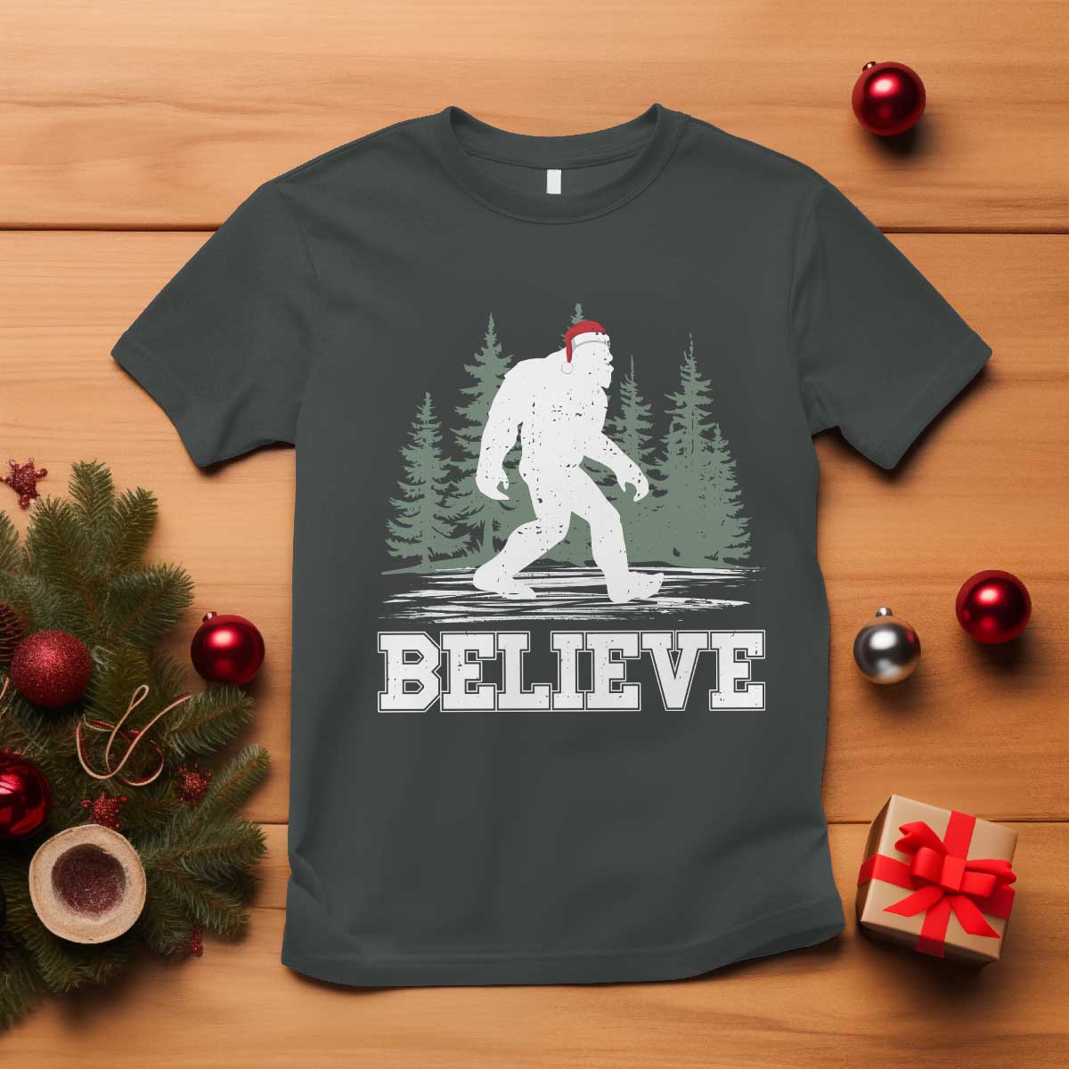 Bigfoot Christmas T Shirt Funny Sasquatch Believe Lovers Gifts TS10 Dark Heather Print Your Wear