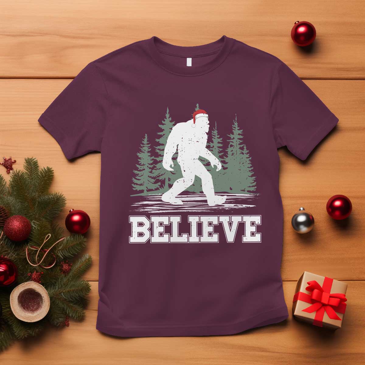 Bigfoot Christmas T Shirt Funny Sasquatch Believe Lovers Gifts TS10 Maroon Print Your Wear