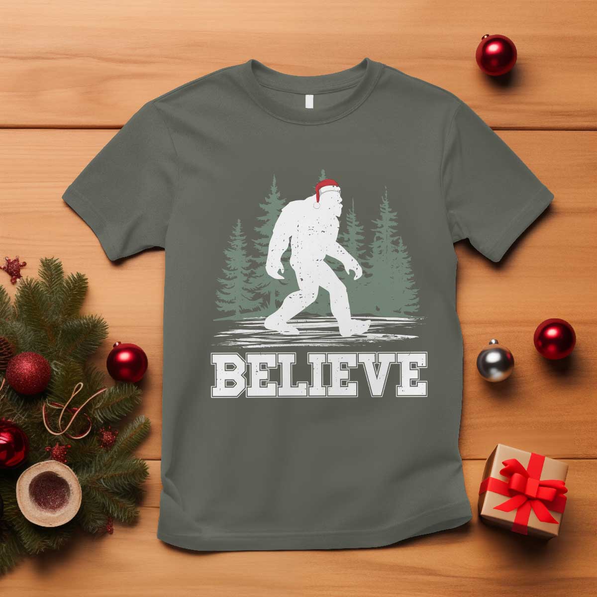 Bigfoot Christmas T Shirt Funny Sasquatch Believe Lovers Gifts TS10 Military Green Print Your Wear