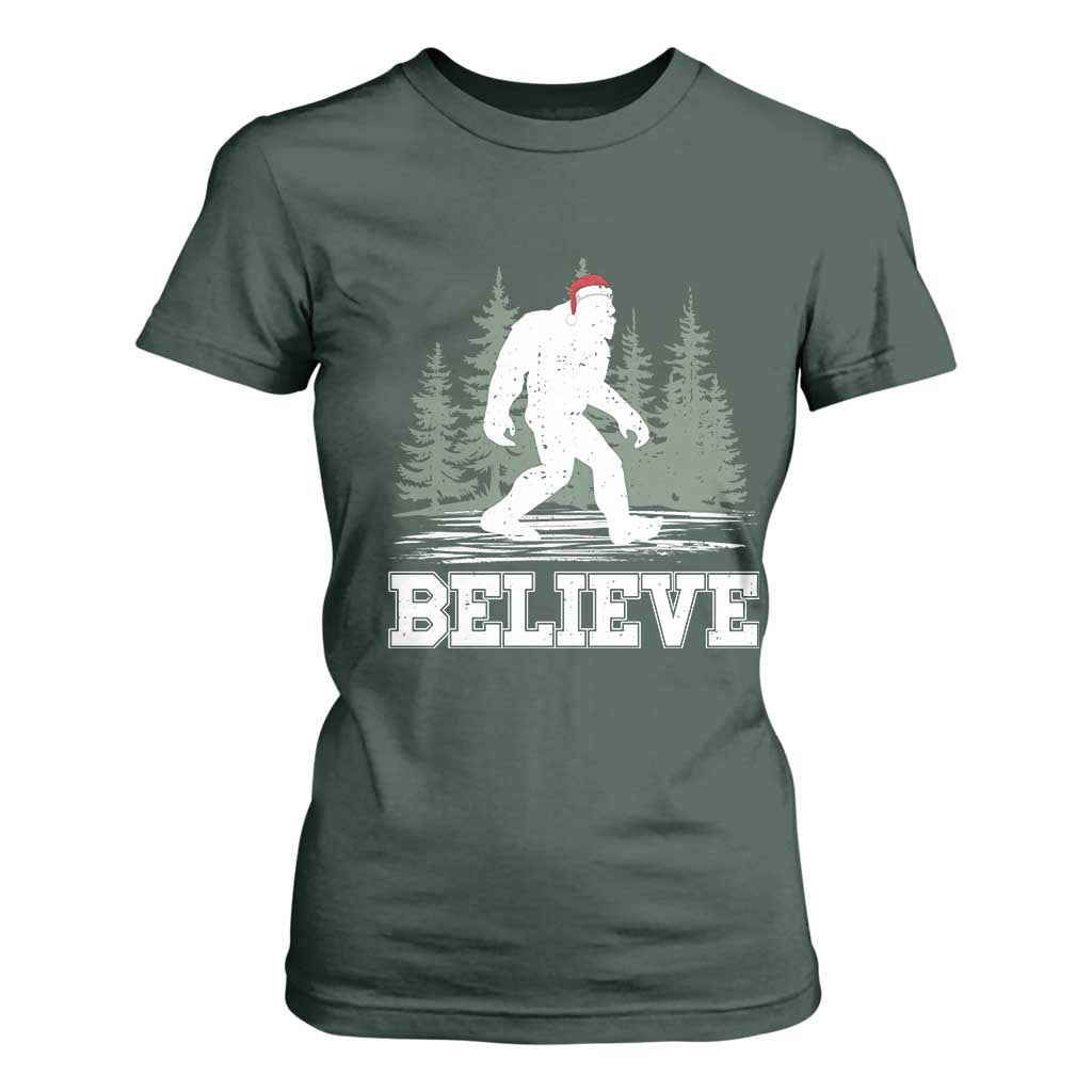Bigfoot Christmas T Shirt For Women Funny Sasquatch Believe Lovers Gifts TS10 Dark Forest Green Print Your Wear