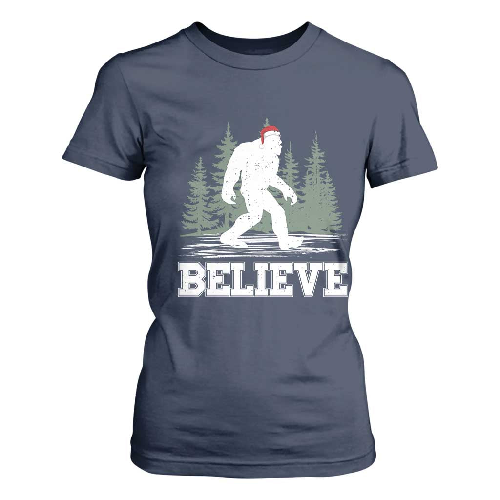 Bigfoot Christmas T Shirt For Women Funny Sasquatch Believe Lovers Gifts TS10 Navy Print Your Wear