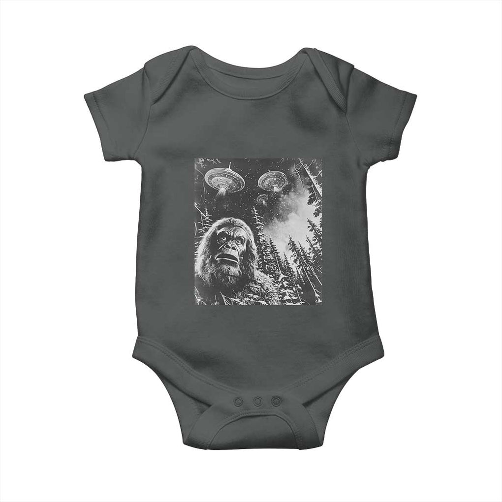 Funny Graphic Bigfoot Selfie with UFOs Weird Baby Onesie TS10 Dark Heather Print Your Wear