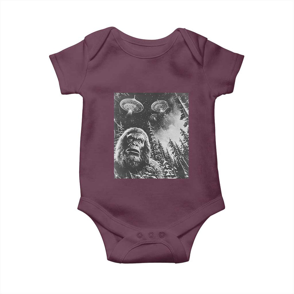 Funny Graphic Bigfoot Selfie with UFOs Weird Baby Onesie TS10 Maroon Print Your Wear