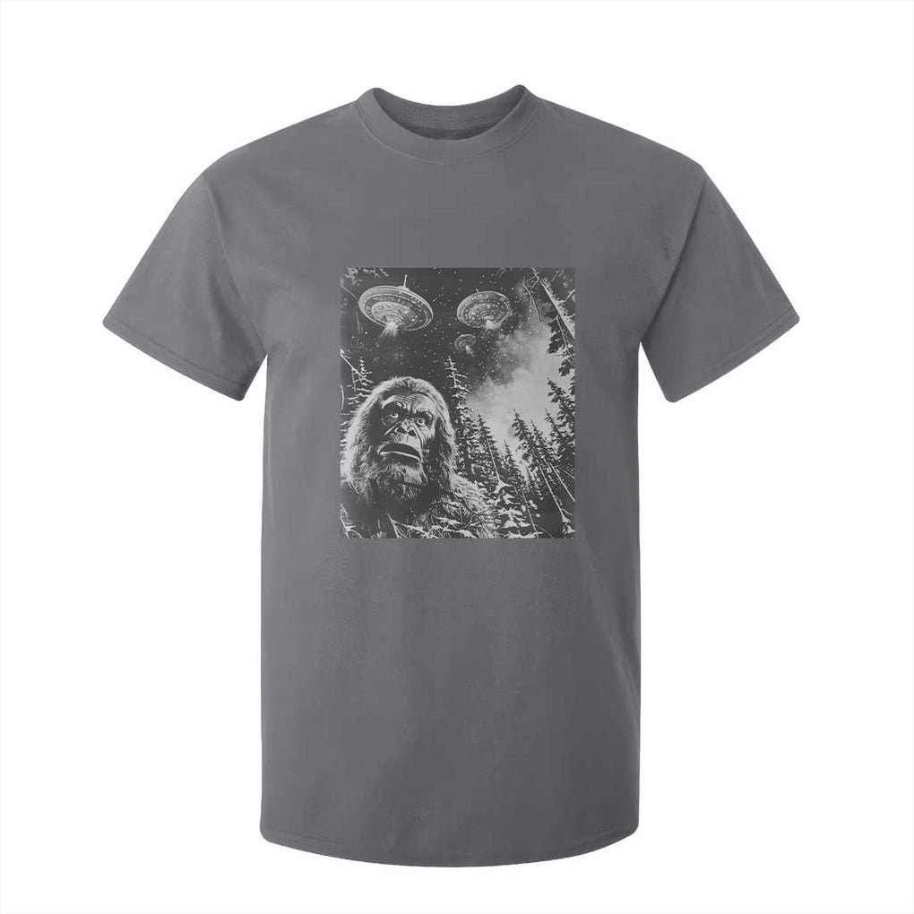 Funny Graphic Bigfoot Selfie with UFOs Weird T Shirt For Kid TS10 Charcoal Print Your Wear