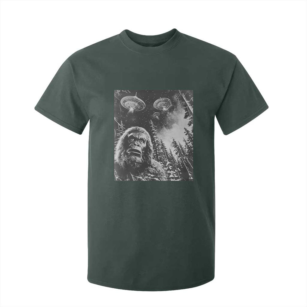 Funny Graphic Bigfoot Selfie with UFOs Weird T Shirt For Kid TS10 Dark Forest Green Print Your Wear