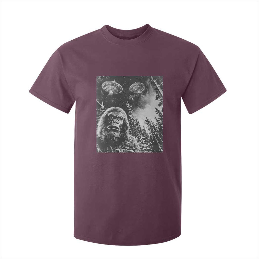 Funny Graphic Bigfoot Selfie with UFOs Weird T Shirt For Kid TS10 Maroon Print Your Wear