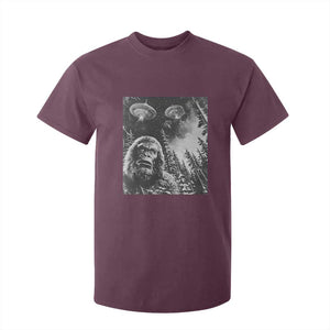 Funny Graphic Bigfoot Selfie with UFOs Weird T Shirt For Kid TS10 Maroon Print Your Wear