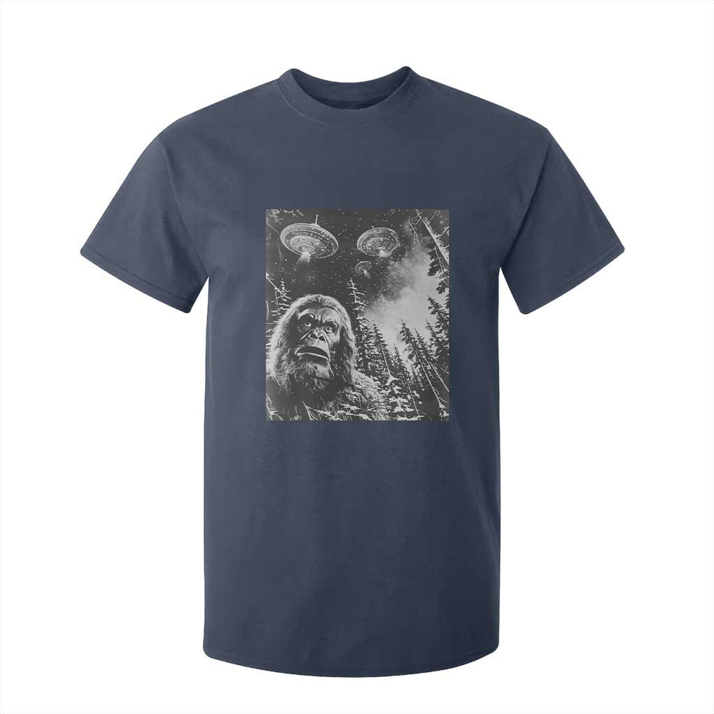 Funny Graphic Bigfoot Selfie with UFOs Weird T Shirt For Kid TS10 Navy Print Your Wear