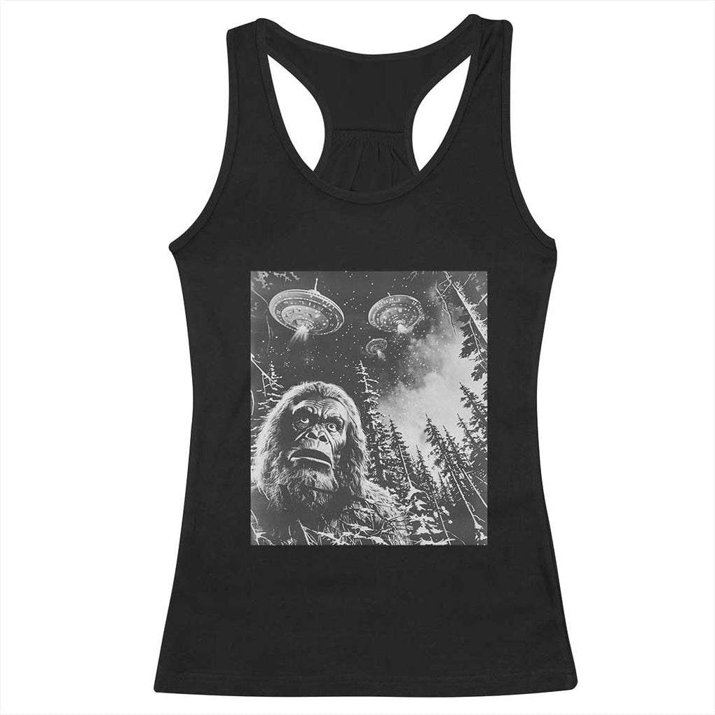Funny Graphic Bigfoot Selfie with UFOs Weird Racerback Tank Top TS10 Black Print Your Wear