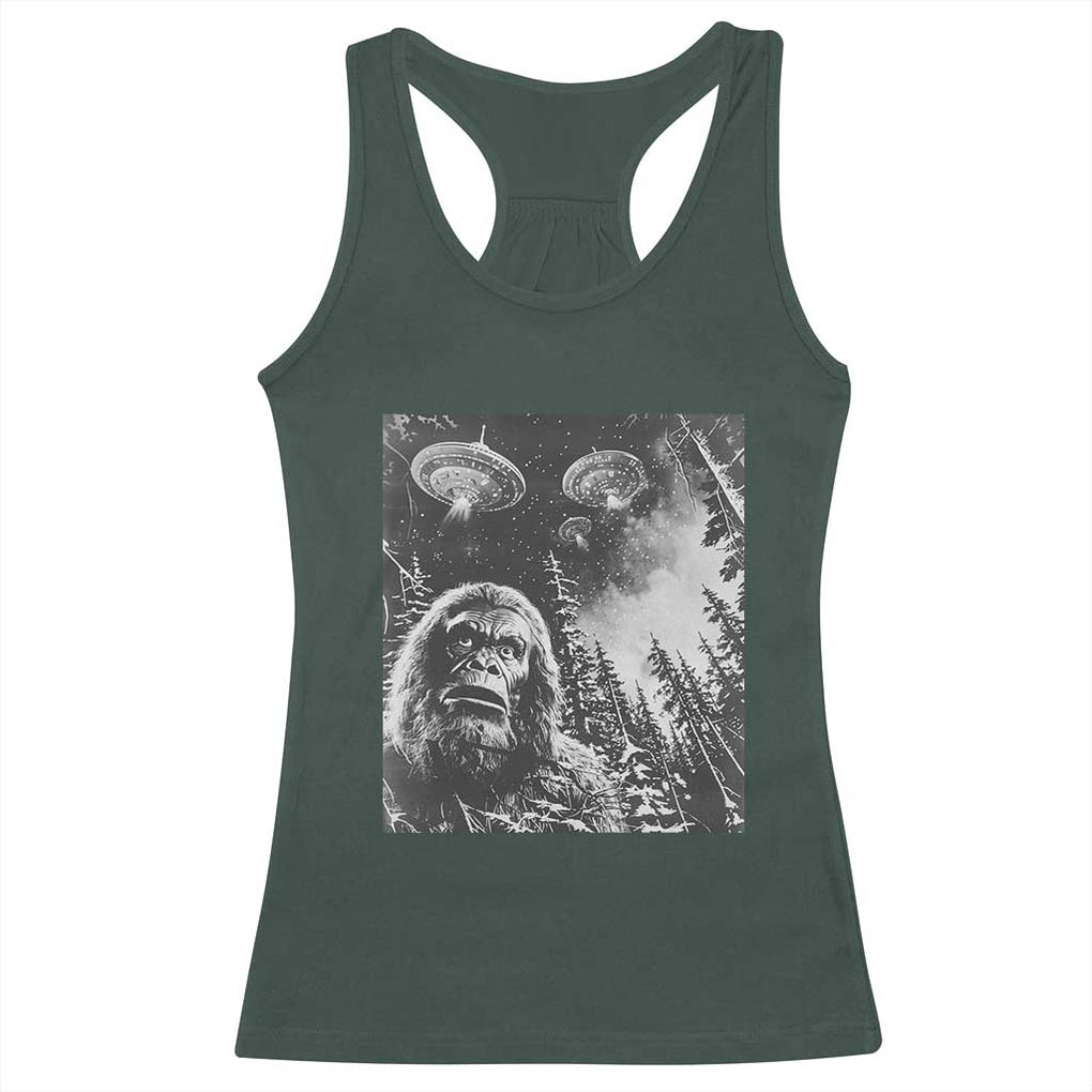 Funny Graphic Bigfoot Selfie with UFOs Weird Racerback Tank Top TS10 Dark Forest Green Print Your Wear