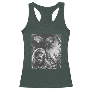 Funny Graphic Bigfoot Selfie with UFOs Weird Racerback Tank Top TS10 Dark Forest Green Print Your Wear