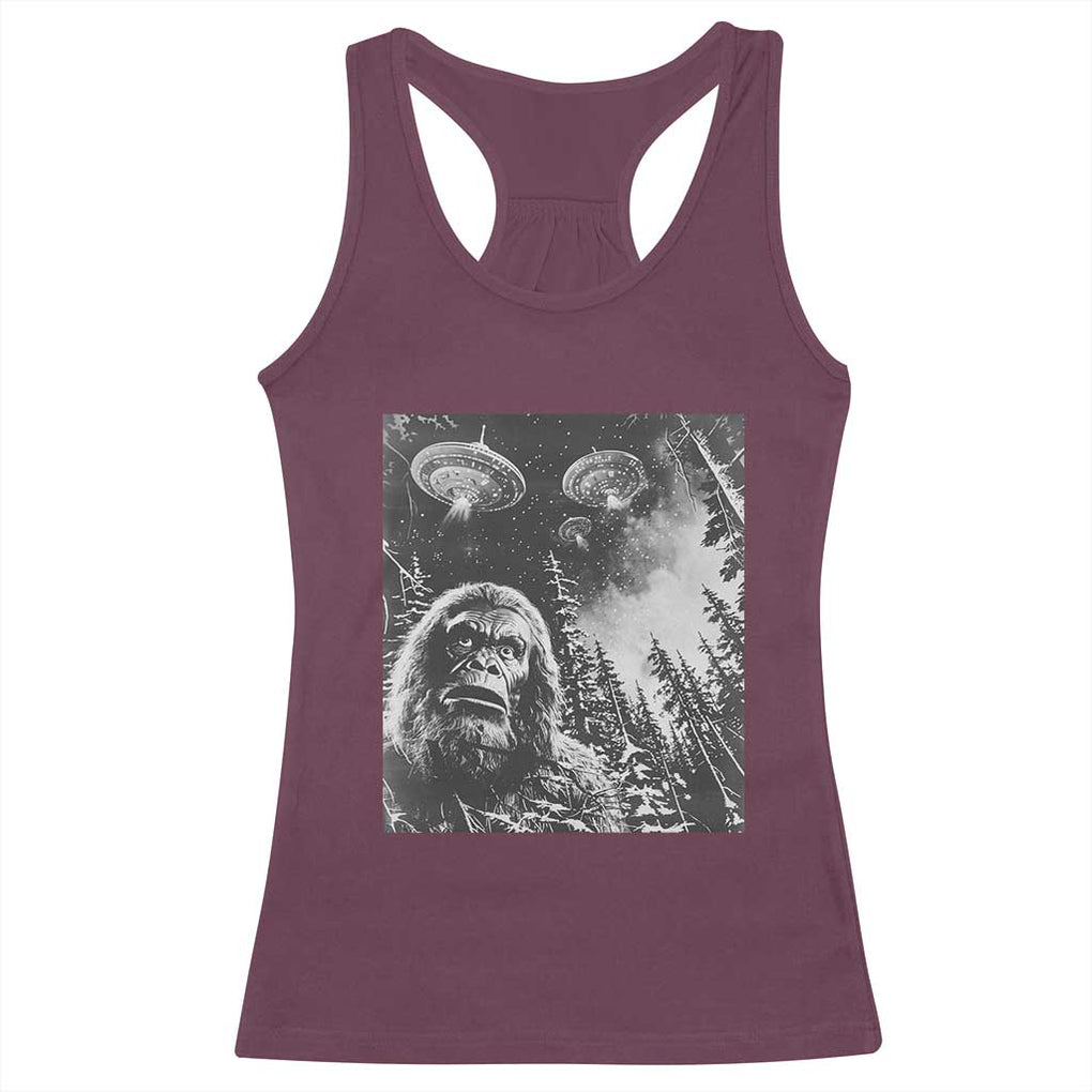 Funny Graphic Bigfoot Selfie with UFOs Weird Racerback Tank Top TS10 Maroon Print Your Wear