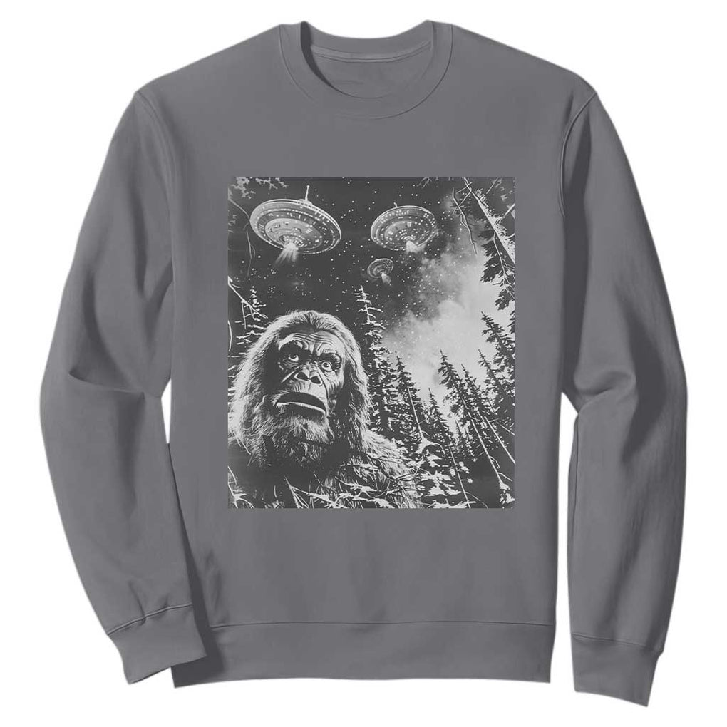 Funny Graphic Bigfoot Selfie with UFOs Weird Sweatshirt TS10 Charcoal Print Your Wear