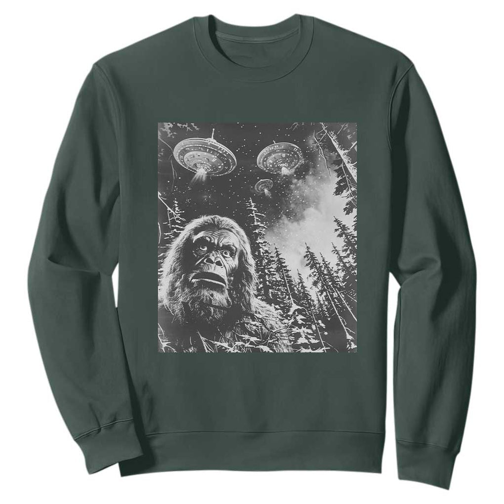 Funny Graphic Bigfoot Selfie with UFOs Weird Sweatshirt TS10 Dark Forest Green Print Your Wear