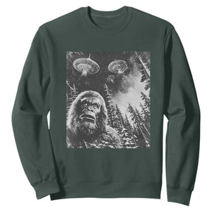 Funny Graphic Bigfoot Selfie with UFOs Weird Sweatshirt TS10 Dark Forest Green Print Your Wear