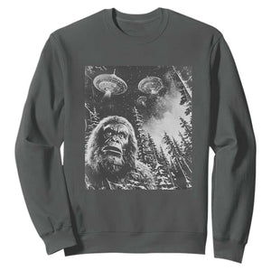 Funny Graphic Bigfoot Selfie with UFOs Weird Sweatshirt TS10 Dark Heather Print Your Wear