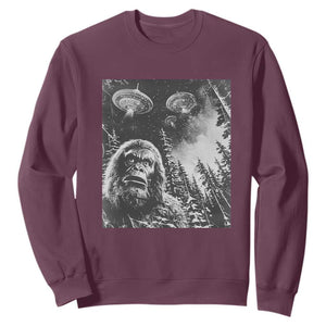 Funny Graphic Bigfoot Selfie with UFOs Weird Sweatshirt TS10 Maroon Print Your Wear